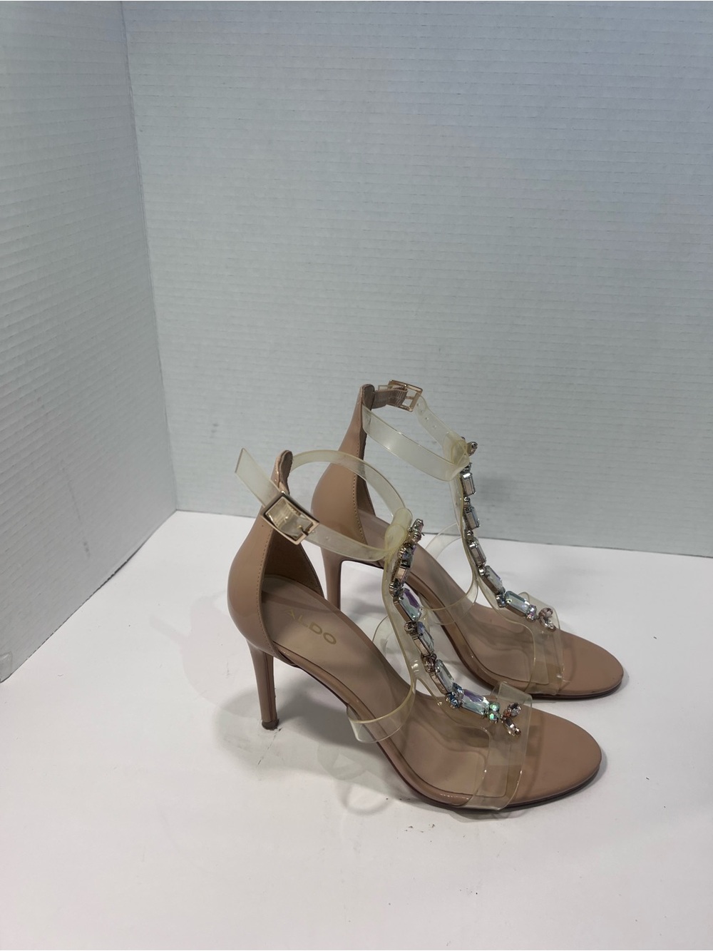 Aldo Nude Clear T-Strap Jeweled High Heels